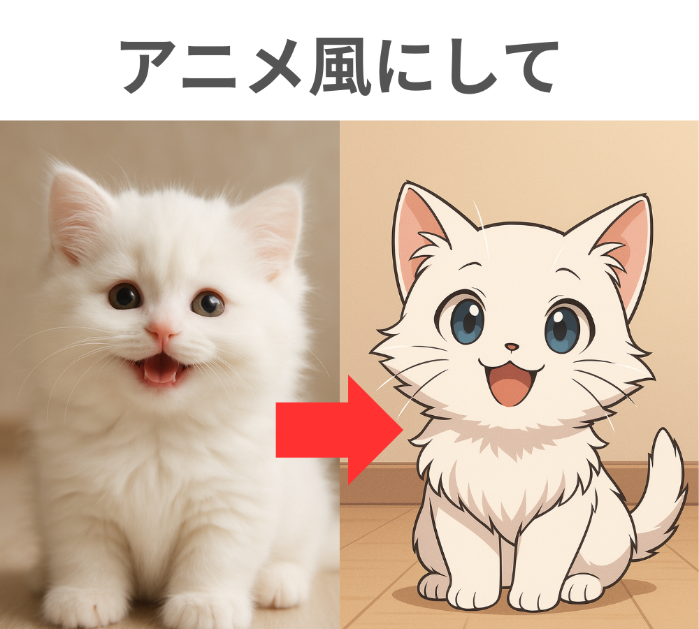 chatgptで白い猫の写真をアニメ風にビフォアアフター